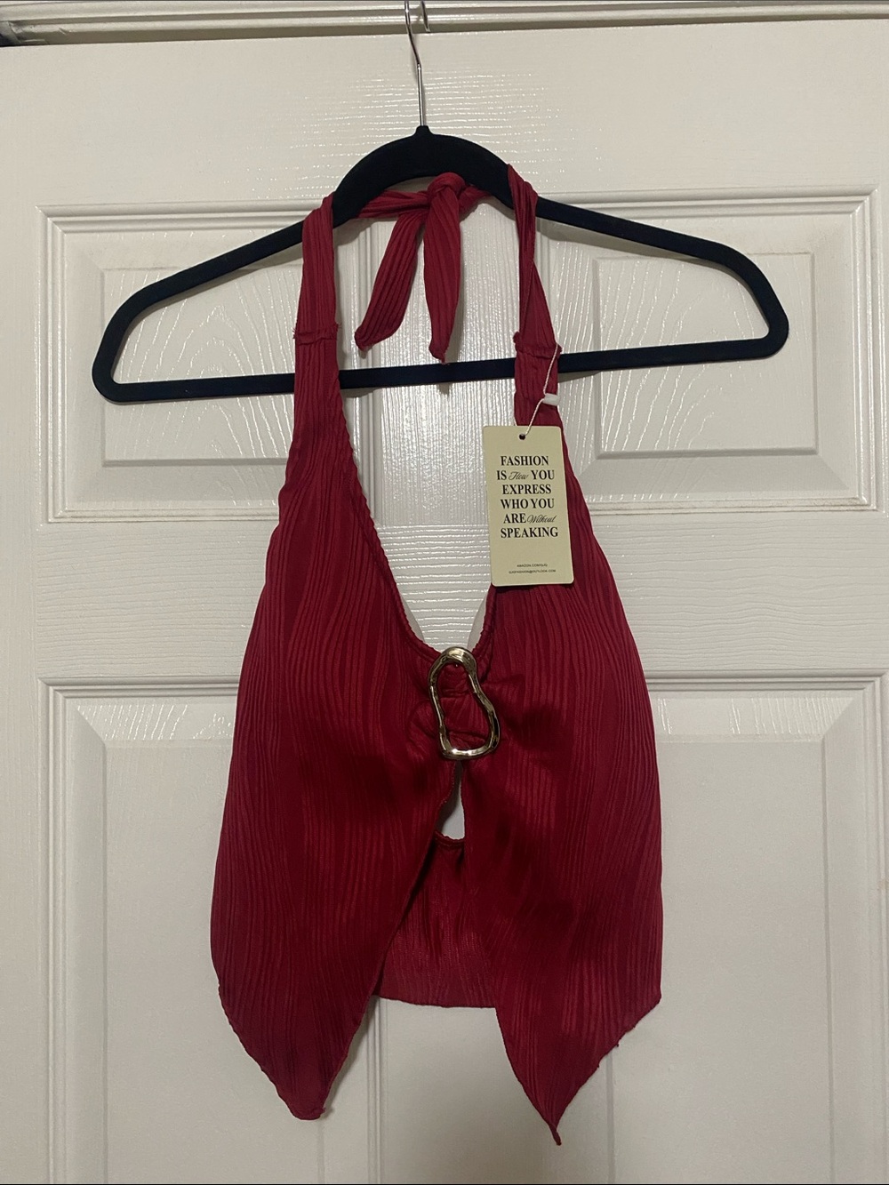 Red Halter Crop Top with Decorative Metal Ring